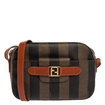 Pre Owned Fendi Brown/Black Pequin Striped Coated Canvas and Leather Crossbody Bag