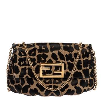 Pre Owned Fendi  Black/Beige Leopard Print Canvas and Nylon Fendista Crossbody Bag