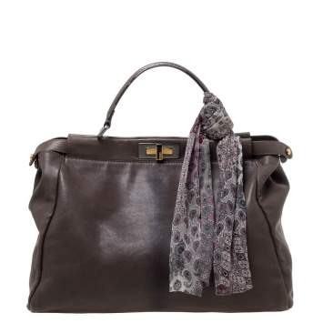 Pre Owned Fendi Grey Leather Large Peekaboo Top Handle Bag