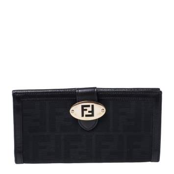 Pre Owned Fendi Black Zucca Canvas and Leather Continental Wallet 
