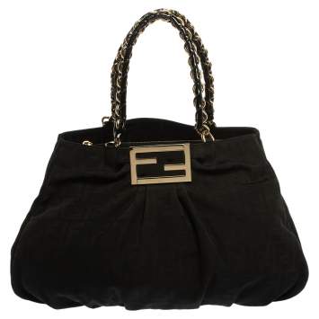 Pre Owned Fendi Black Canvas and Patent Leather Large Mia Shoulder Bag