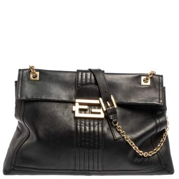Pre Owned Fendi Black Leather Maxi Baguette Flap Shoulder Bag