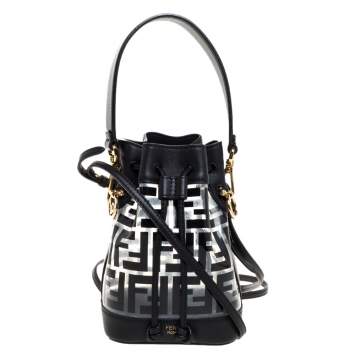 Pre Owned Fendi Black Zucca Pvc and Leather Mini Mon Tresor Drawstring Bucket Bag