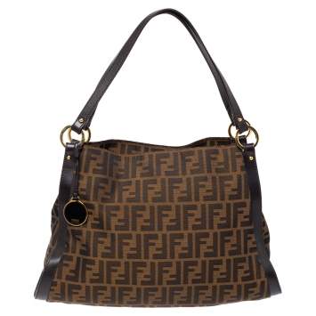 Pre Owned Fendi Tobacco Zucca Canvas and Leather Logo Charm Shoulder Bag