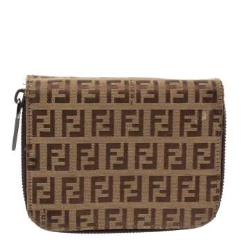 Pre Owned Fendi Beige/Brown Zucchino Canvas and Leather Compact Wallet