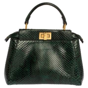 Pre Owned Fendi Green Python Mini Peekaboo Top Handle Bag