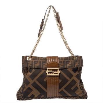 Pre Owned Fendi Tobacco Zucca Canvas Maxi Baguette Flap Shoulder Bag