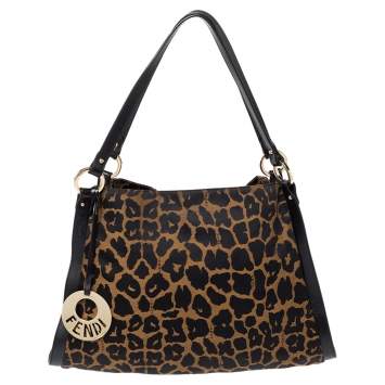 Pre Owned Fendi Black/Brown Leopard Print Canvas and Leather Chef Tote