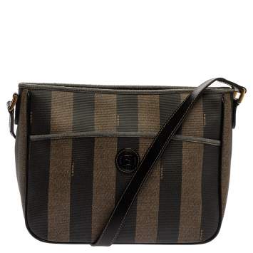 Pre Owned Fendi Black/Tobacco Pequin Striped Coated Canvas Vintage Crossbody Bag