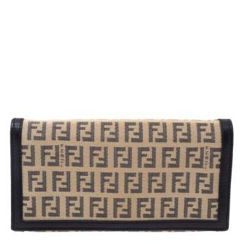 Pre Owned Fendi Black/Beige Zucchino Canvas and Leather Flap Continental Wallet