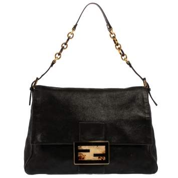 Pre Owned Fendi Black Iridescent Leather Mama Forever Large Flap Shoulder Bag