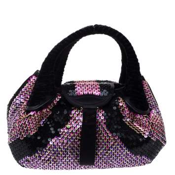 Pre Owned Fendi Black/Pink Sequins,Satin and Velvet Spy Hobo