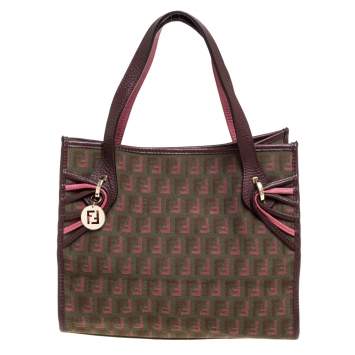 Pre Owned Fendi Pink/Brown Zucchino Canvas and Leather FF Charm Tote