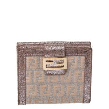 Pre Owned Fendi Silver/Beige Zuchino Shimmer Canvas and Leather Flap Compact Wallet