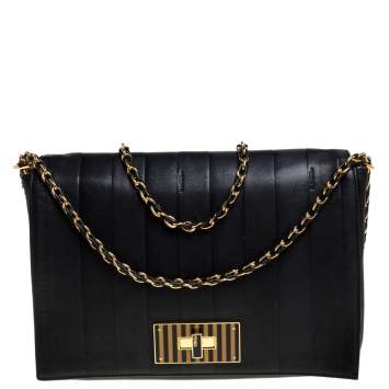 Pre Owned Fendi Black Pequin Stripe Leather Large Claudia Shoulder Bag