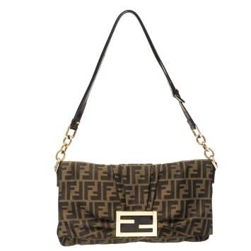 Pre Owned Fendi Tobacco Zucca Canvas and Patent Leather Mia Flap Bag
