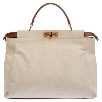 Pre Owned Fendi Cream/Tan Canvas and Leather Large Peekaboo Top Handle Bag