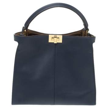 Pre Owned Fendi Blue Leather Peekaboo X-Lite Top Handle Bag