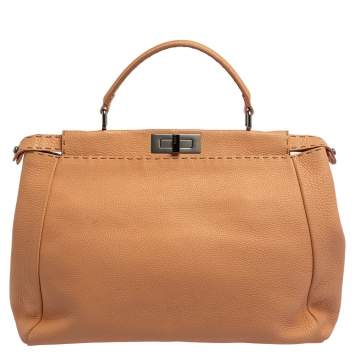 Pre Owned Fendi Peach Selleria Leather Large Peekaboo Top Handle Bag