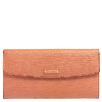 Pre Owned Fendi Peach Leather Logo Flap Continental Wallet