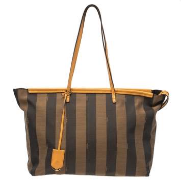 Pre Owned Fendi Brown/Mustard Pequin Canvas and Leather Roll Tote
