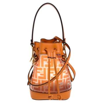 Pre Owned Fendi Orange Zucca PVC and Leather Mini Mon Tresor Drawstring Bucket Bag