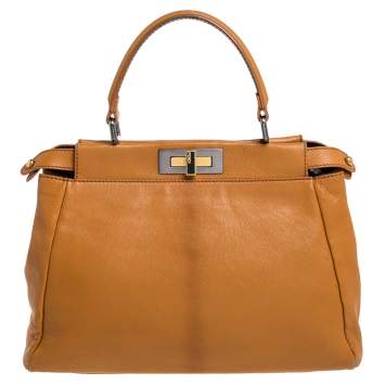 Pre Owned Fendi Tan Leather Medium Peekaboo Top Handle Bag