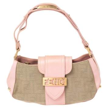 Pre Owned Fendi Pink/Beige Zucca Canvas and Leather Logo Flap Baguette Bag
