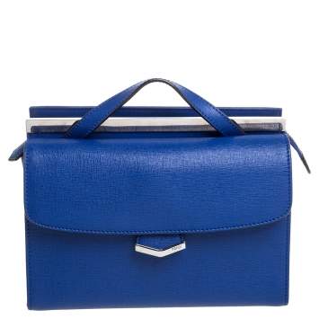 Pre Owned Fendi Blue Textured Leather Mini Demi Jour Top Handle Bag