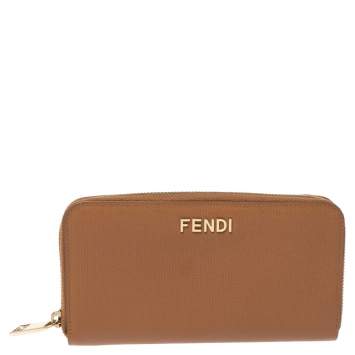 Pre Owned Fendi Tan Leather Zip Around Wallet