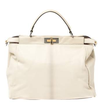 Pre Owned Fendi Cream Leather Large Peekaboo Top Handle Bag