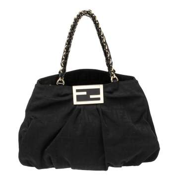 Pre Owned Fendi Black Canvas and Patent Leather Large Mia Shoulder Bag