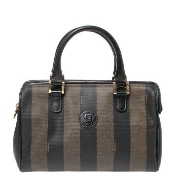 مملوكة مسبقًا Fendi Tobacco Pequin Striped Coated Canvas and Leather Boston Bag