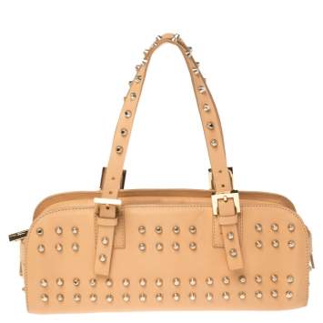 Pre Owned Fendi Beige Leather Studded Zip Satchel