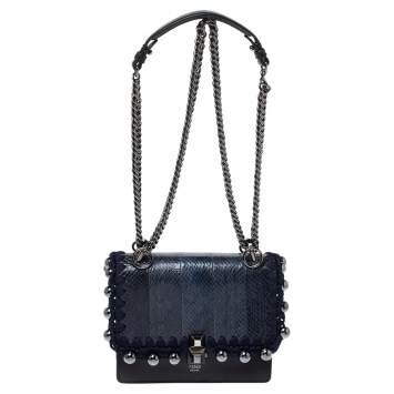Pre Owned Fendi Navy Blue/Black Python and Leather Beaded Small Kan I Crossbody Bag