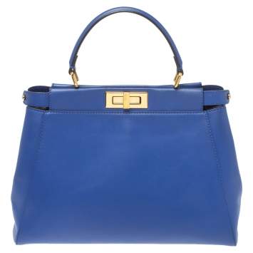 Pre Owned Fendi Blue Leather Medium Peekaboo Top Handle Bag