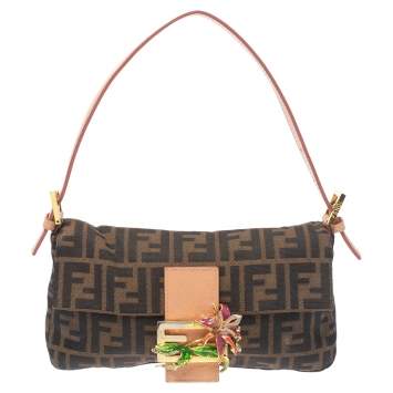 Pre Owned Fendi Tobacco Zucchino Canvas and Leather Flower Mama Baguette Bag