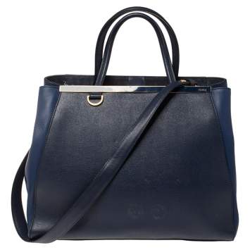 Pre Owned Fendi Blue Two Tone Leather Medium 2Jours Tote 