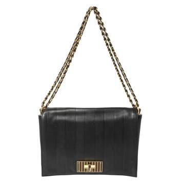 Pre Owned Fendi Black Pequin Stripe Leather Large Claudia Shoulder Bag