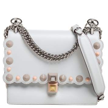 Pre Owned Fendi White Leather Small Scalloped Kan I Shoulder Bag