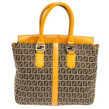 Pre Owned Fendi Beige/Mustard Zucchino Canvas and Leather Flap Tote