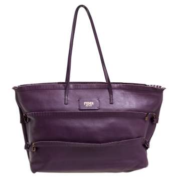 Pre Owned Fendi Purple/Tobacco Zucca Canvas and Leather Roll Fringe Tote