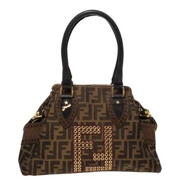 Pre Owned Fendi Brown/Black Zucca Canvas and Nubuck Small Studded Chef De Jour Bag