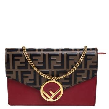 Pre Owned Fendi Red/Brown Embossed Leather F Wallet On Chain