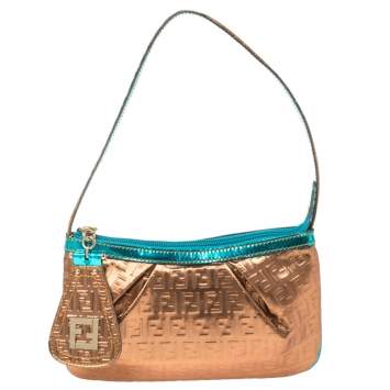 Pre Owned Fendi Metallic Bronze/Blue Coated Canvas and Patent Leather Pochette