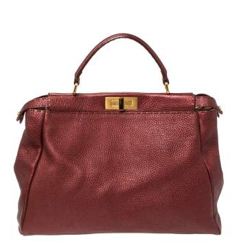 Pre Owned Fendi Burgundy Selleria Leather Large Peekaboo Top Handle Bag