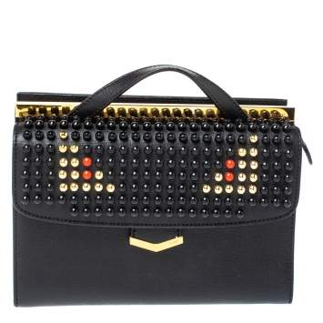 Pre Owned Fendi Black Textured Leather Mini Studded Monster Demi Jour Top Handle Bag