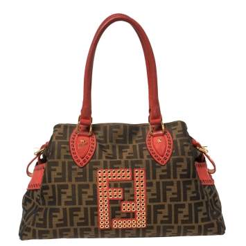 Pre Owned Fendi Brown/Red Zucca Canvas and Nubuck Medium Studded De Jour Bag