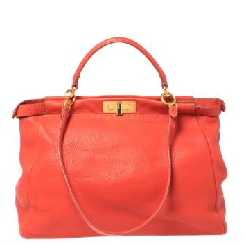 Pre Owned Fendi Coral Orange Selleria Leather Large Peekaboo Top Handle Bag