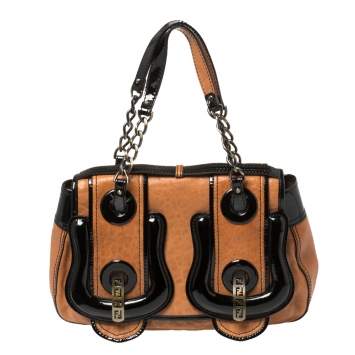 Pre Owned Fendi Black/Brown Patent Leather and Leather B Shoulder Bag